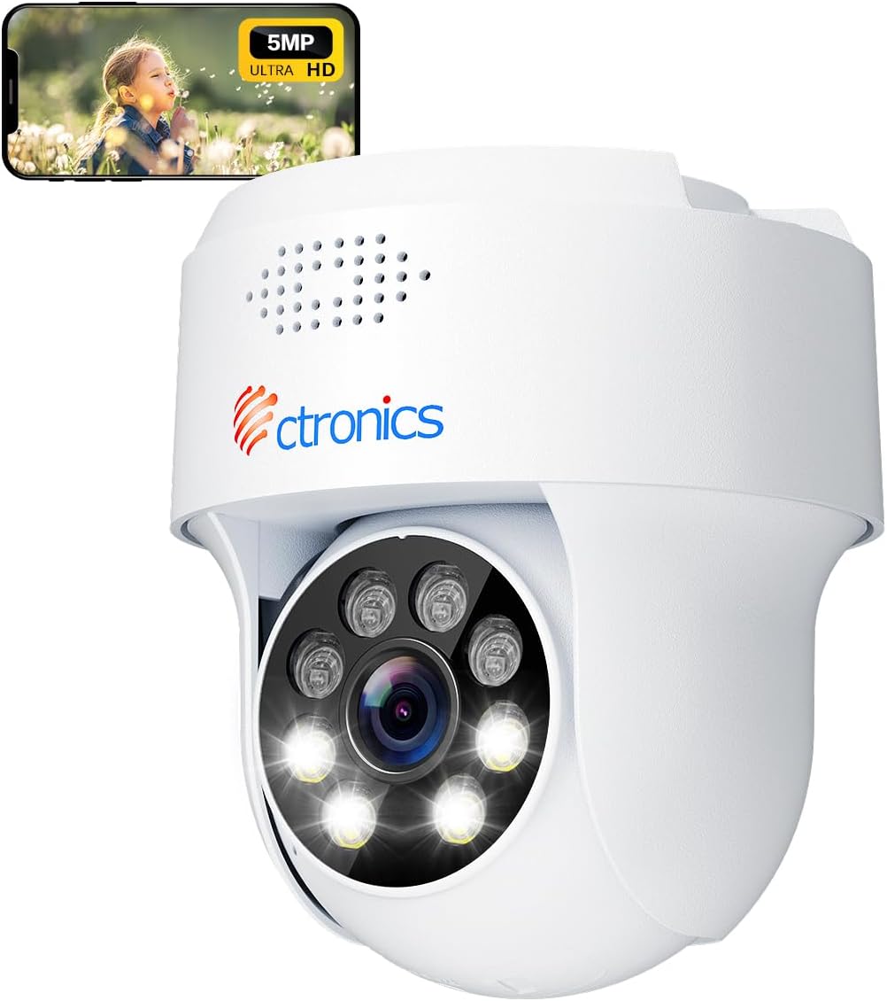 【 穴あけ不要 】Ctronics 防犯カメラ 屋外 5MP 5GHzWiFi対応 ヒューマン検知 自動追尾 ナイトカラー 取り付け超簡単 常時録画 ONVIF/NVR/FTP対応 音声通話 家族共有 遠隔操作 防犯ステッカー・LANケール付 iOS/Android/PC対応 天井設置可能 128GB Micro SDカード対応 IP66 防水防塵